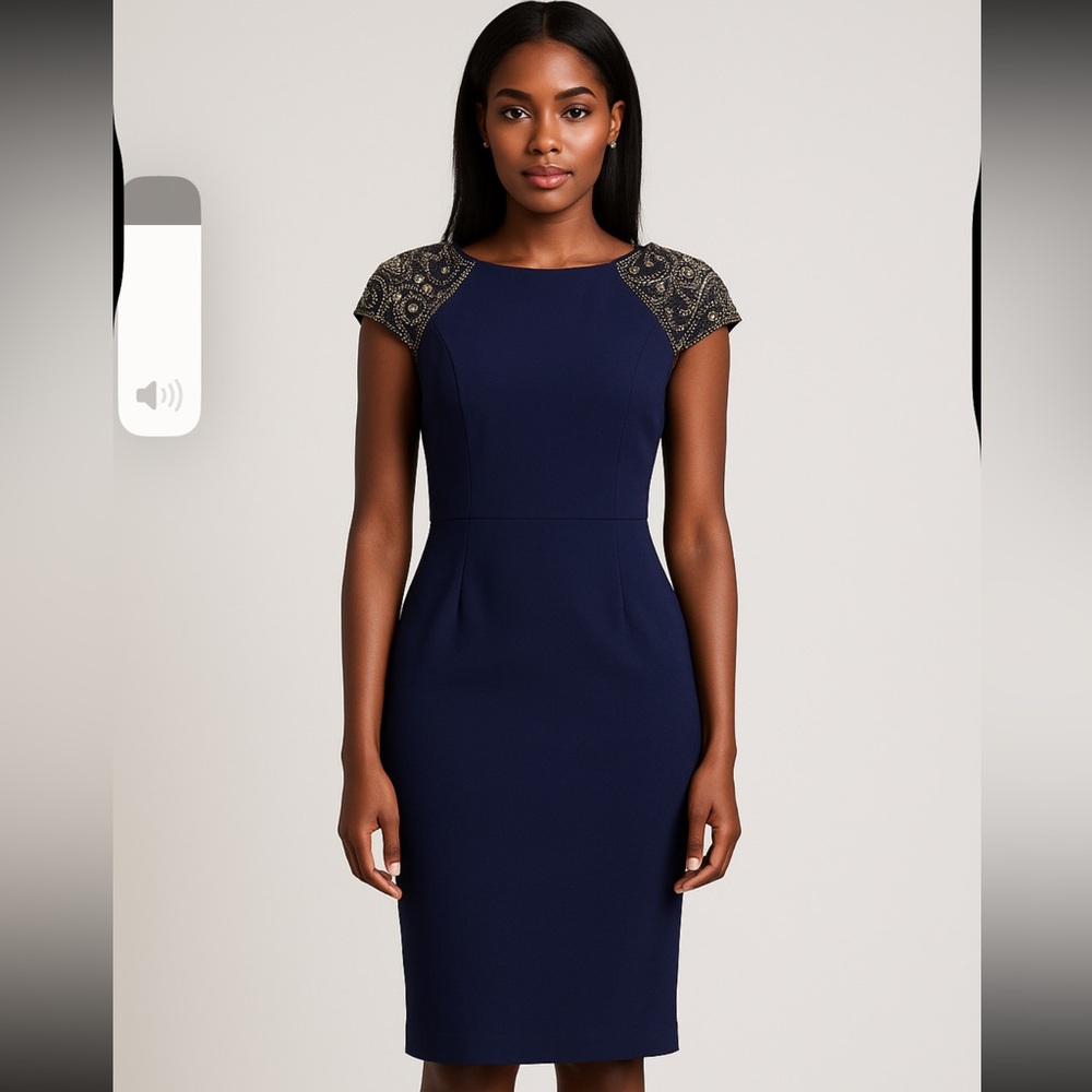 Badgley Mischka Navy Dress with Gold Accents